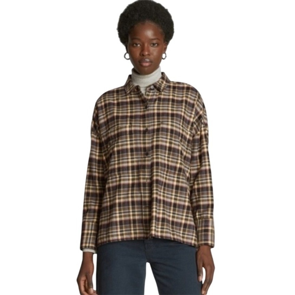 Everlane Plaid Flannel Button Down Shirt Women's Size S Brown Blue Beige NWT $98